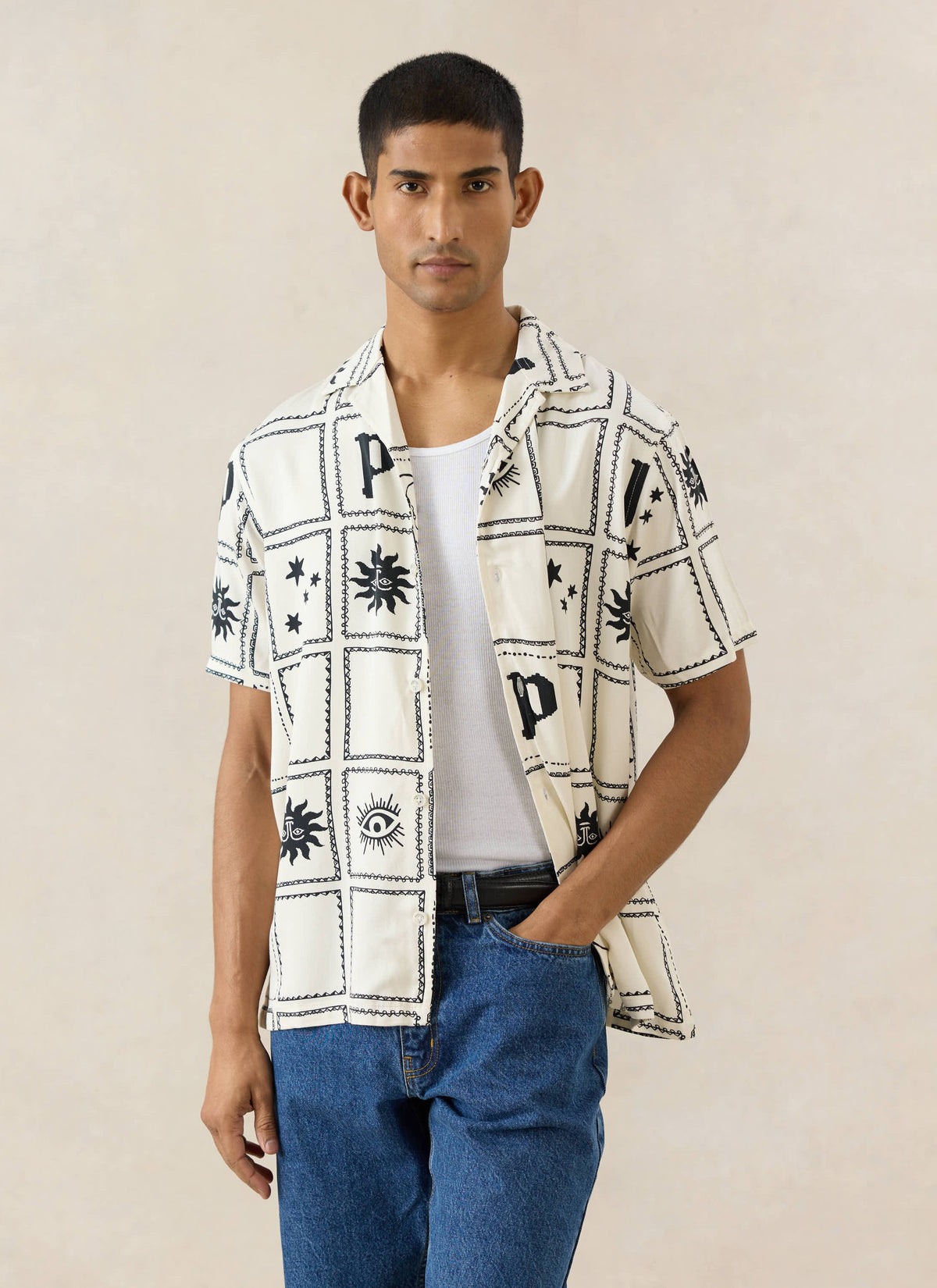 Men's Lunar Panel Cuban Shirt, Short Sleeve - Cream Viscose