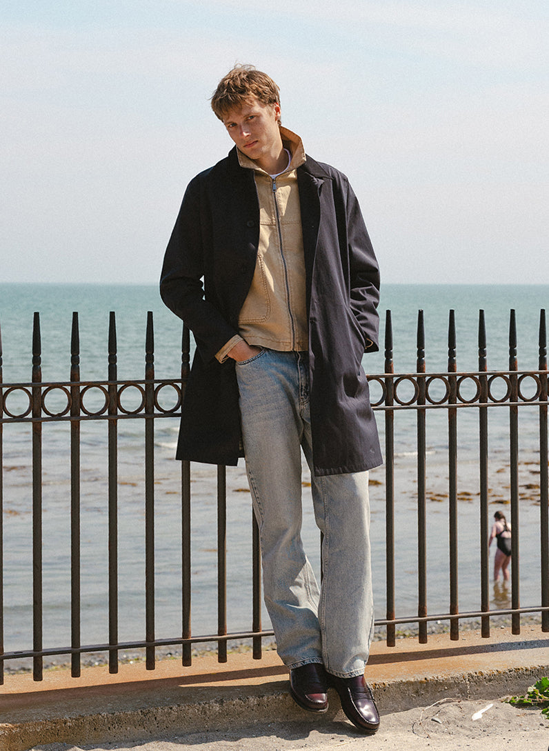 Men's Black Waterproof Long Trench Coat - Cord Collar - Percival
