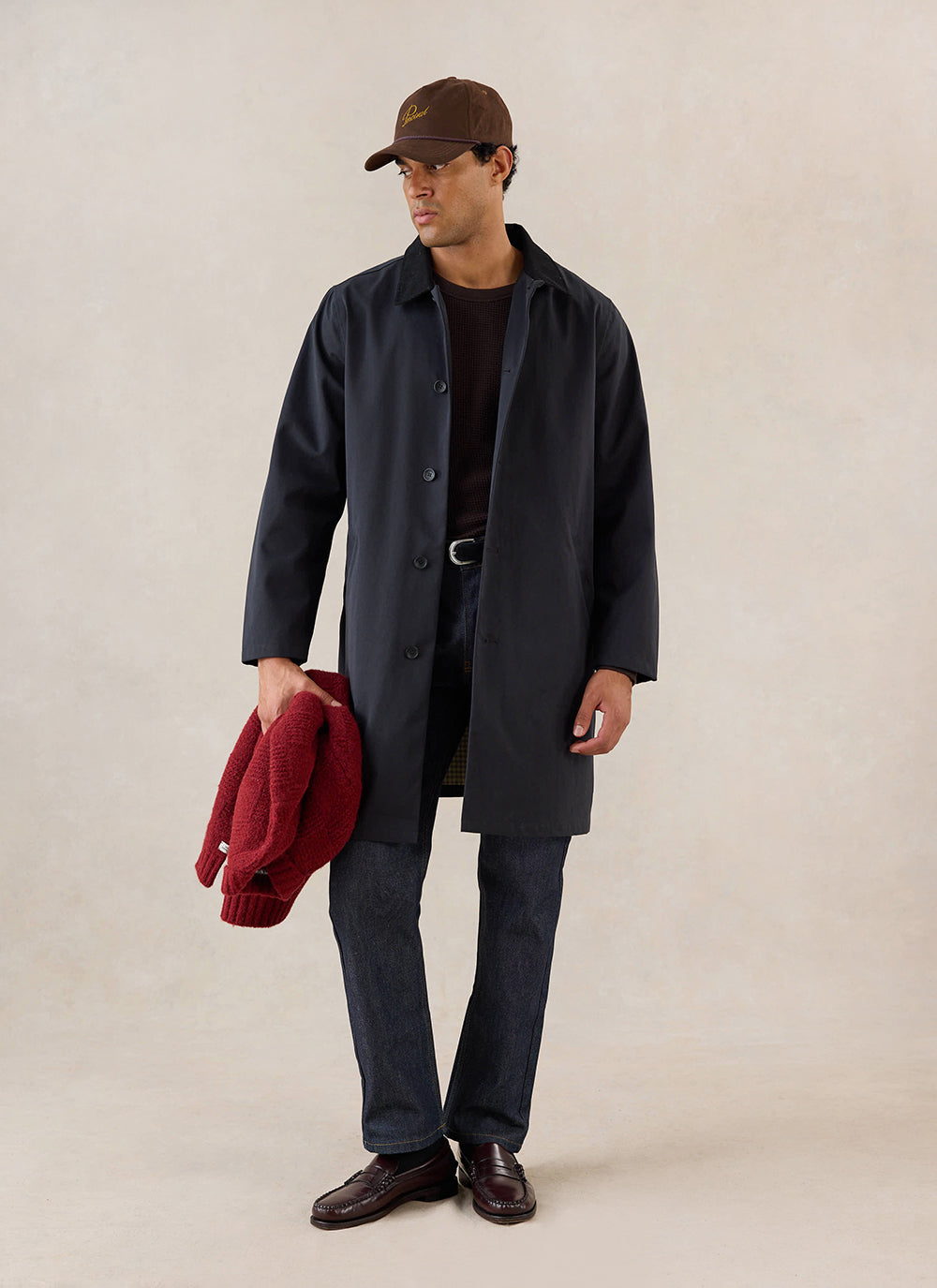 Men's Black Waterproof Long Trench Coat - Cord Collar - Percival