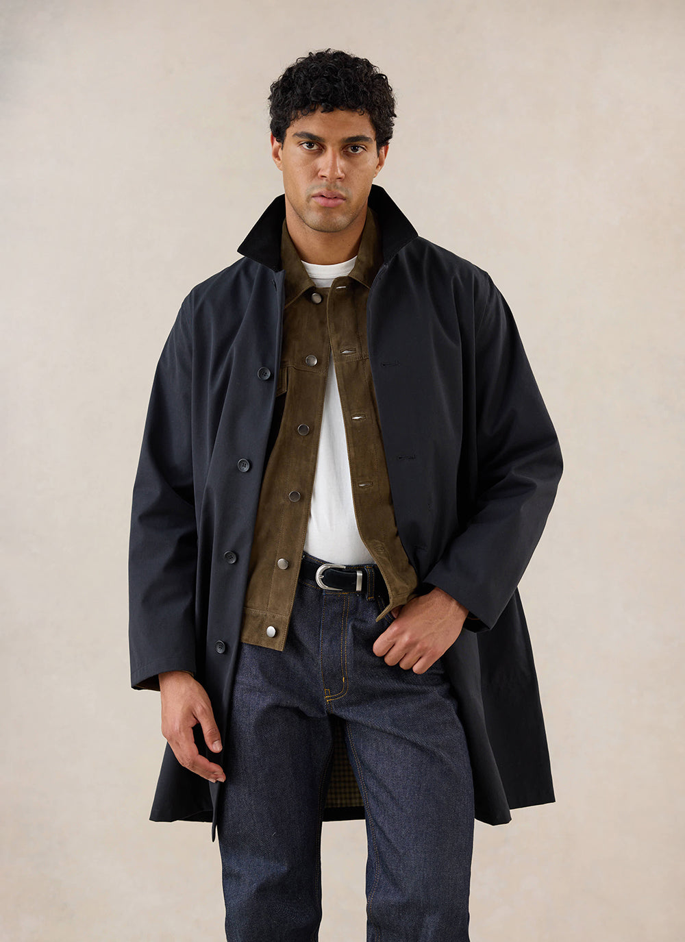 Men's Black Waterproof Long Trench Coat - Cord Collar - Percival