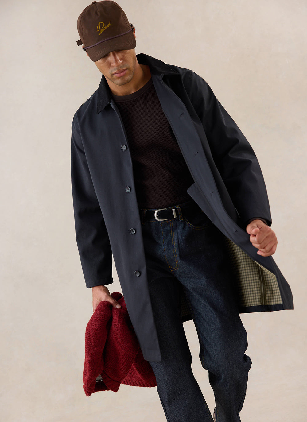 Men's Black Waterproof Long Trench Coat - Cord Collar - Percival