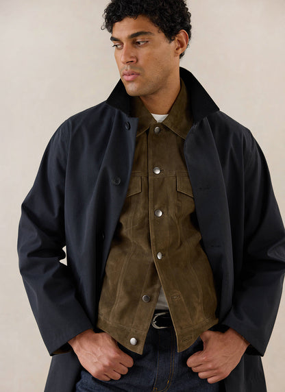 Men's Black Waterproof Long Trench Coat - Cord Collar - Percival