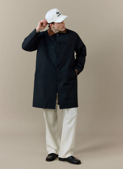 Men's Black Trench Coat - Cord Collar - Cotton