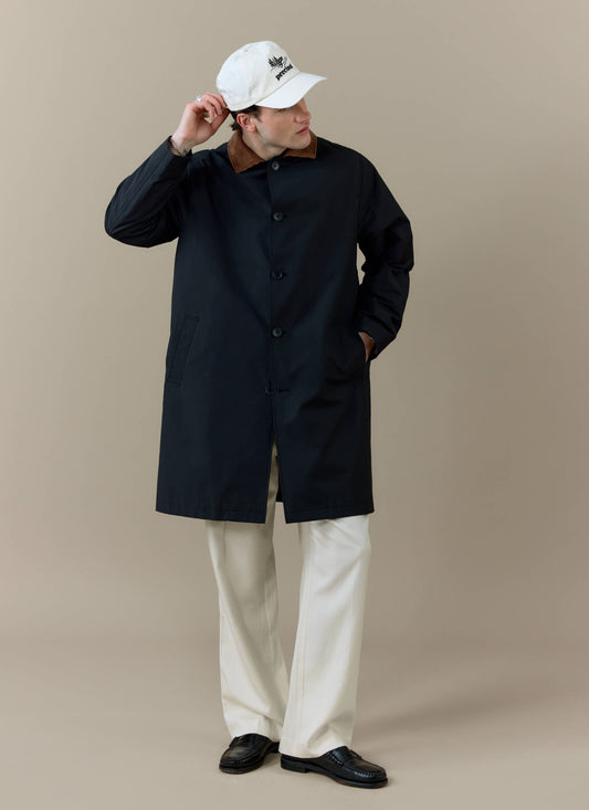 Men's Black Trench Coat - Cord Collar - Cotton