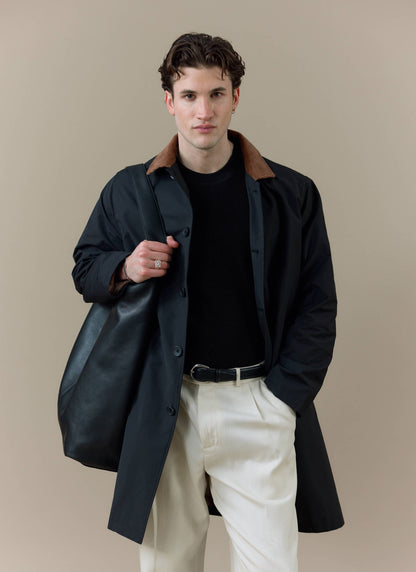 Men's Black Trench Coat - Cord Collar - Cotton