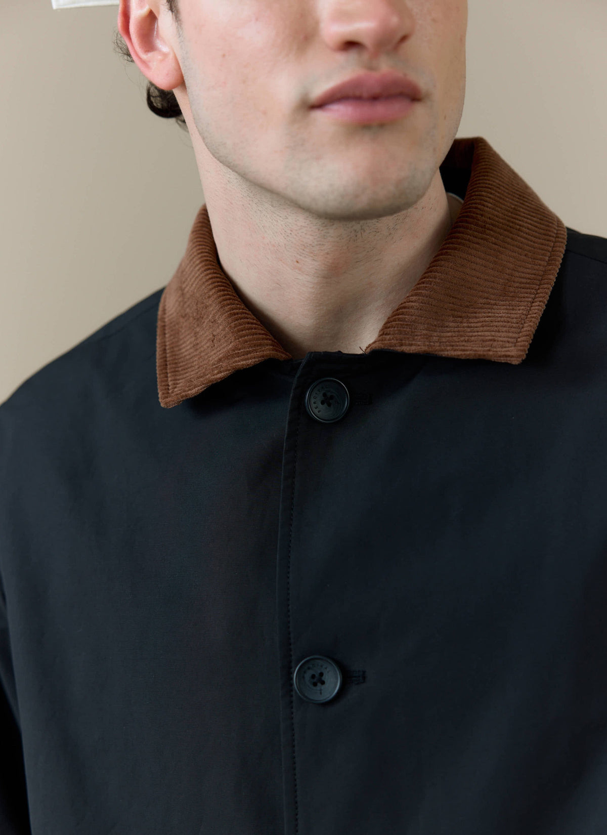 Men's Black Trench Coat - Cord Collar - Cotton