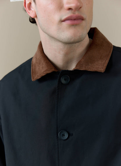 Men's Black Trench Coat - Cord Collar - Cotton