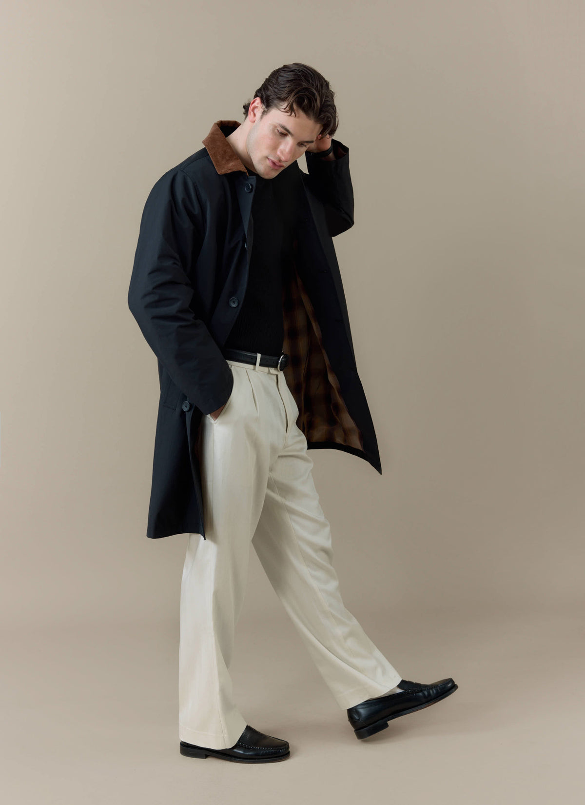 Men's Black Trench Coat - Cord Collar - Cotton