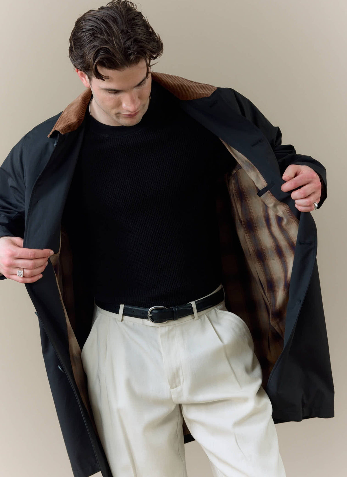 Men's Black Trench Coat - Cord Collar - Cotton