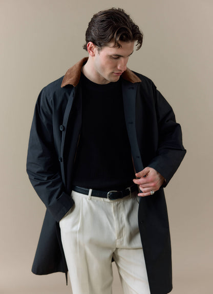 Men's Black Trench Coat - Cord Collar - Cotton