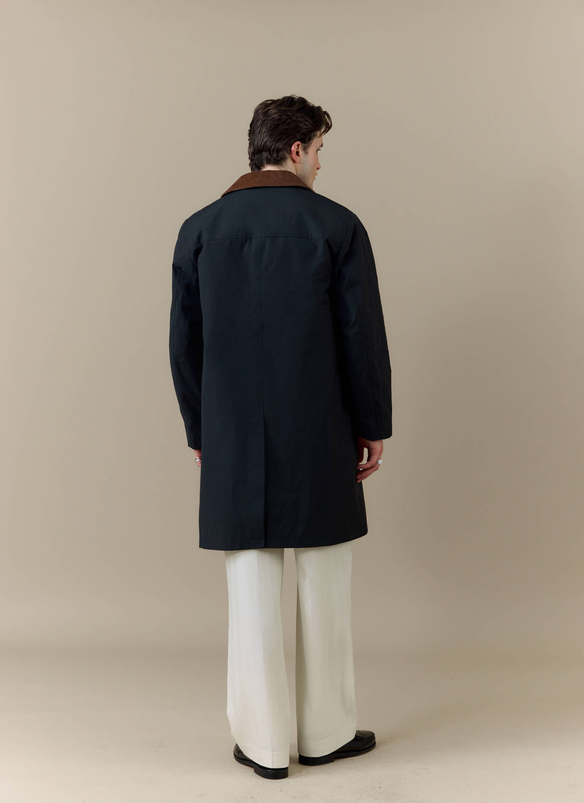 Men's Black Trench Coat - Cord Collar - Cotton