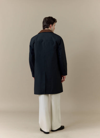 Men's Black Trench Coat - Cord Collar - Cotton