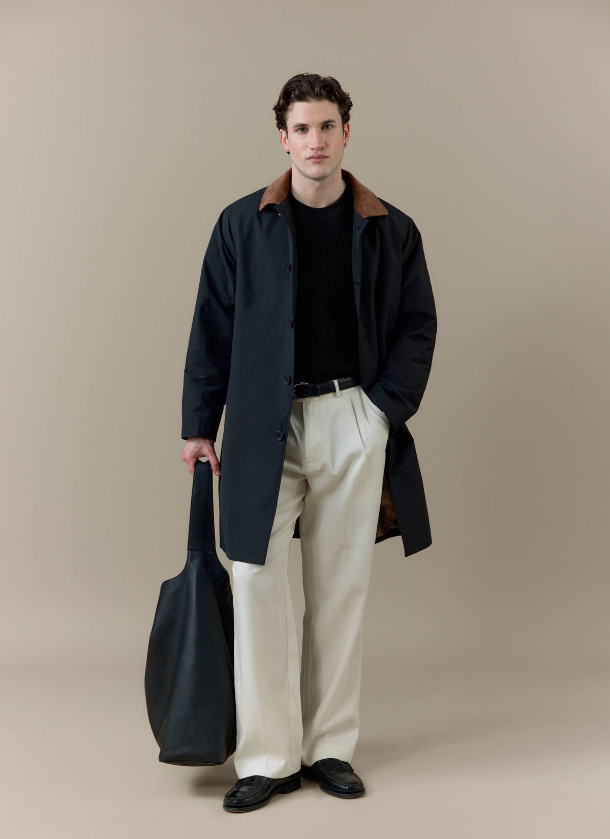 Men's Black Trench Coat - Cord Collar - Cotton