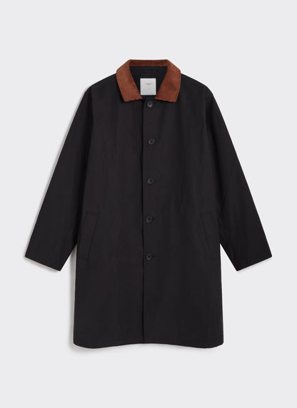 Men's Black Trench Coat - Cord Collar - Cotton