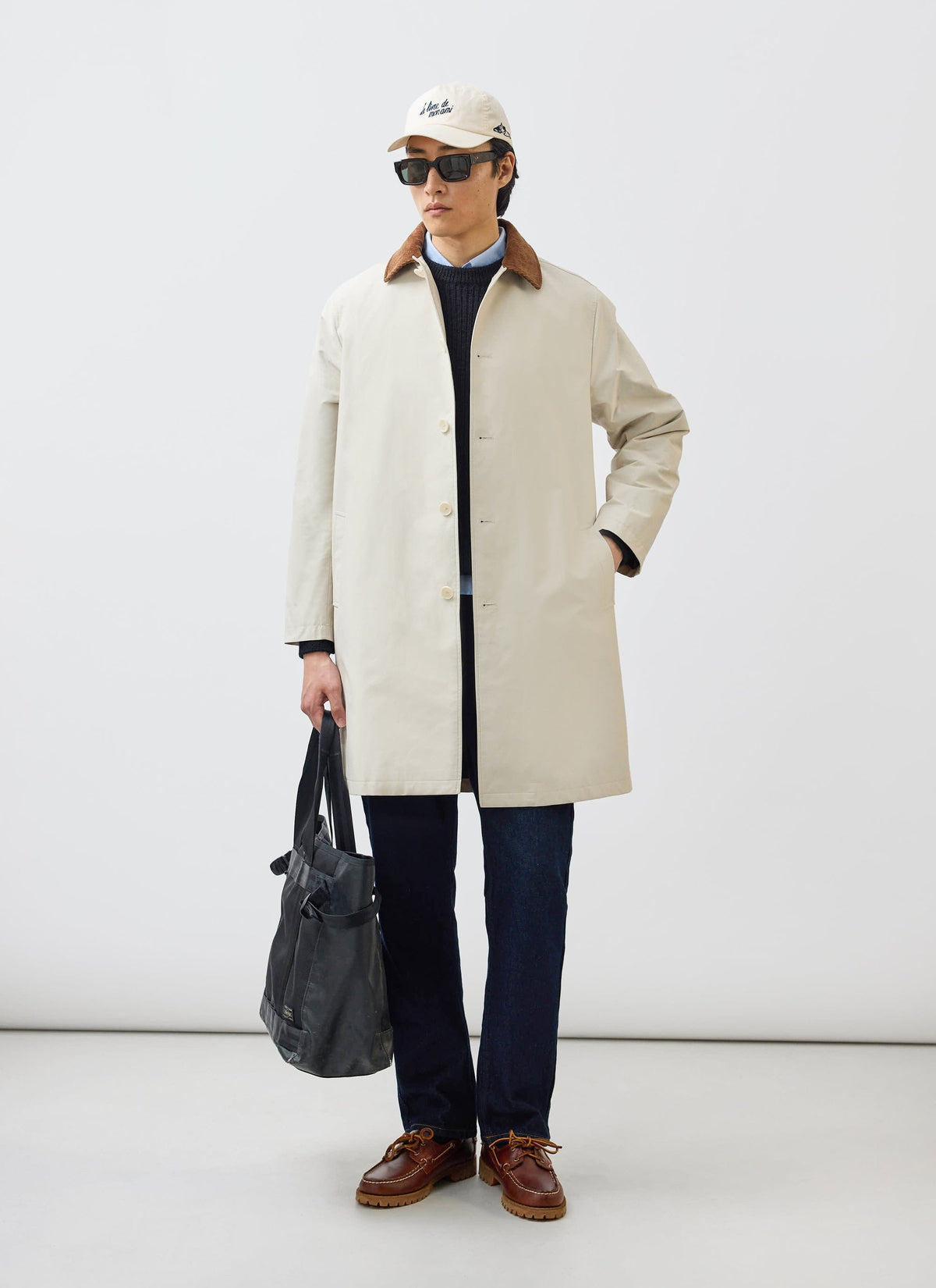 Men's Contrast Collar Long Trench Coat - Cotton - Cream