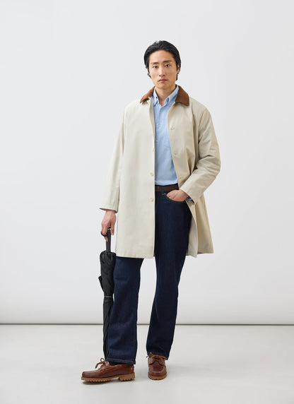 Men's Contrast Collar Long Trench Coat - Cotton - Cream