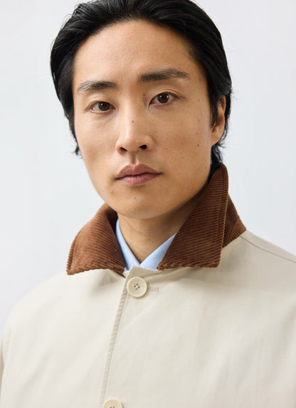 Men's Contrast Collar Long Trench Coat - Cotton - Cream