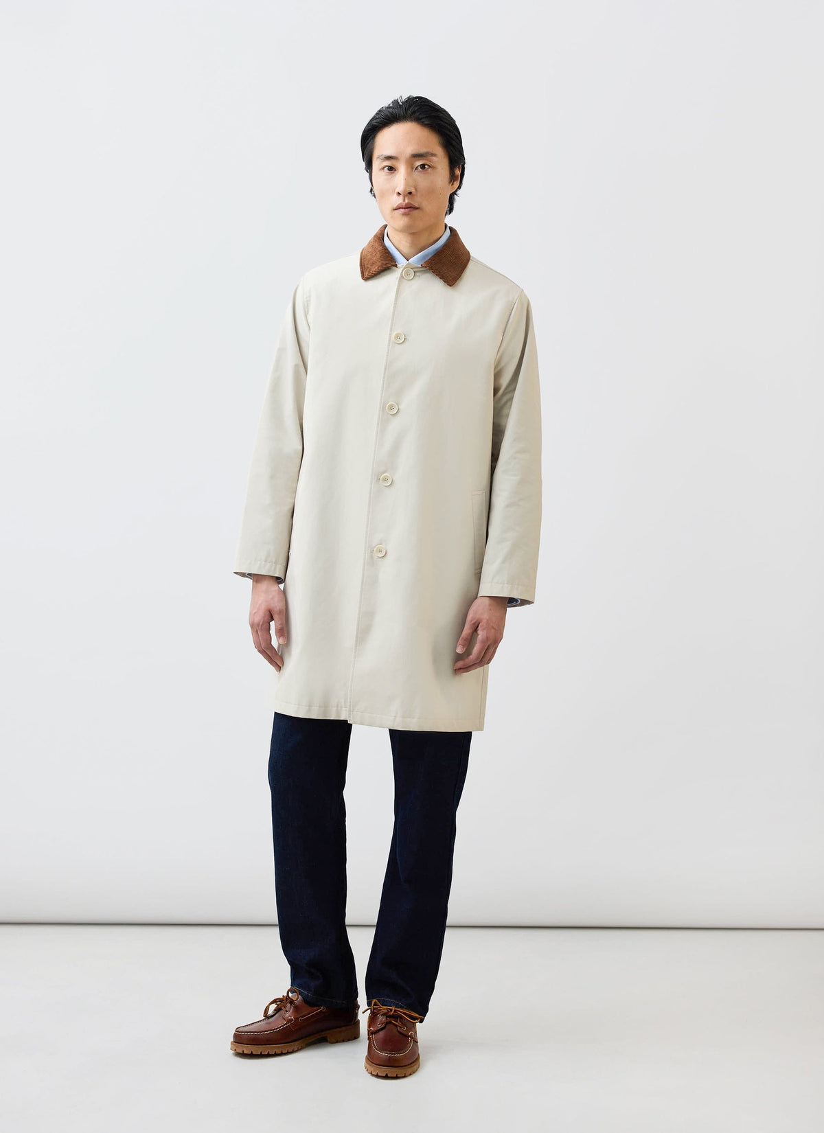 Men's Contrast Collar Long Trench Coat - Cotton - Cream