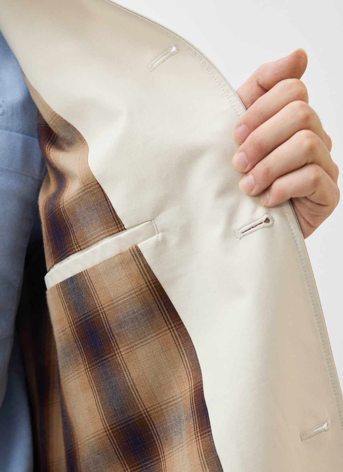 Men's Contrast Collar Long Trench Coat - Cotton - Cream