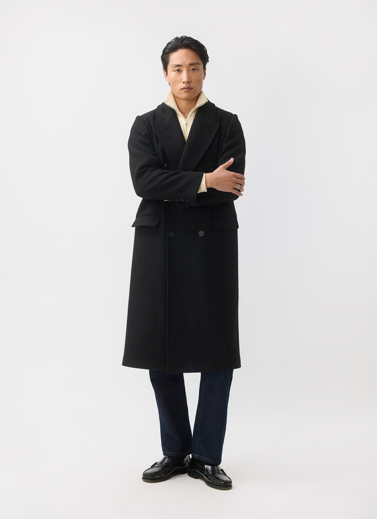 Double Breasted Overcoat - Wool - Black