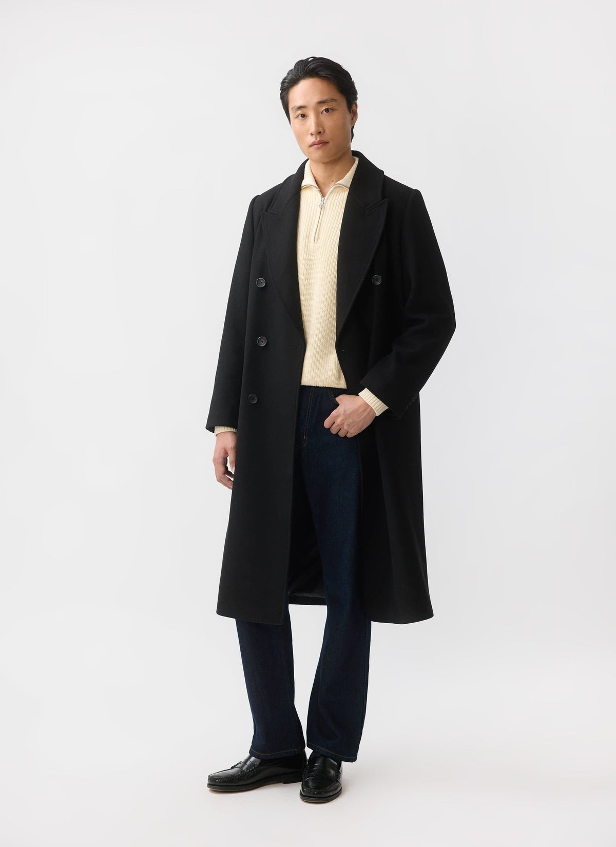 Double Breasted Overcoat - Wool - Black