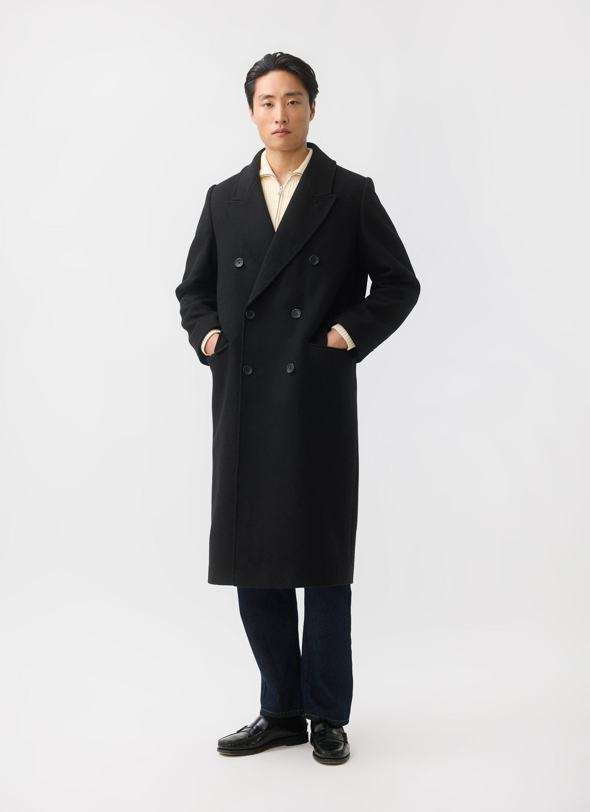Double Breasted Overcoat - Wool - Black