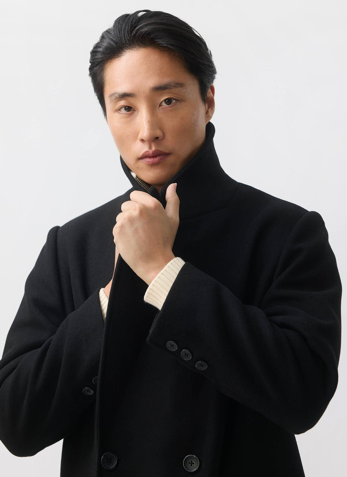 Double Breasted Overcoat - Wool - Black