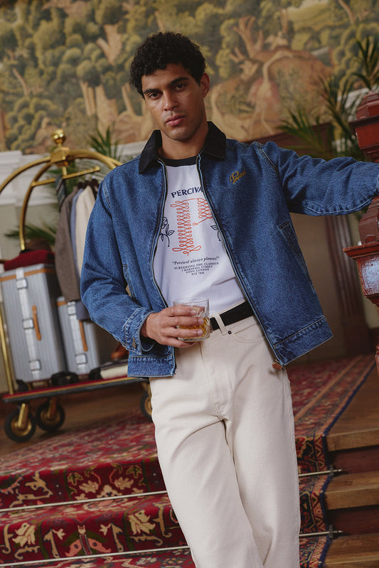 Men's Denim Zip Jacket - Mackey - Mid Wash Blue - Cotton - Percival