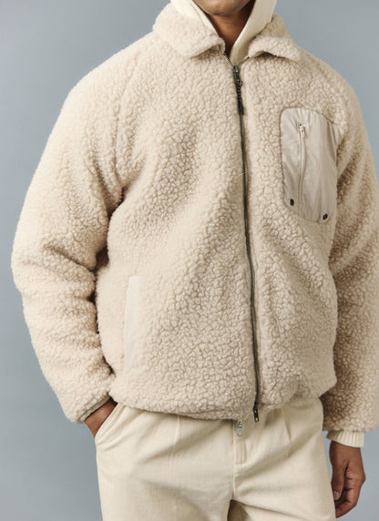Men’s Full Zip Fleece Jacket - Wool - Ecru Cream