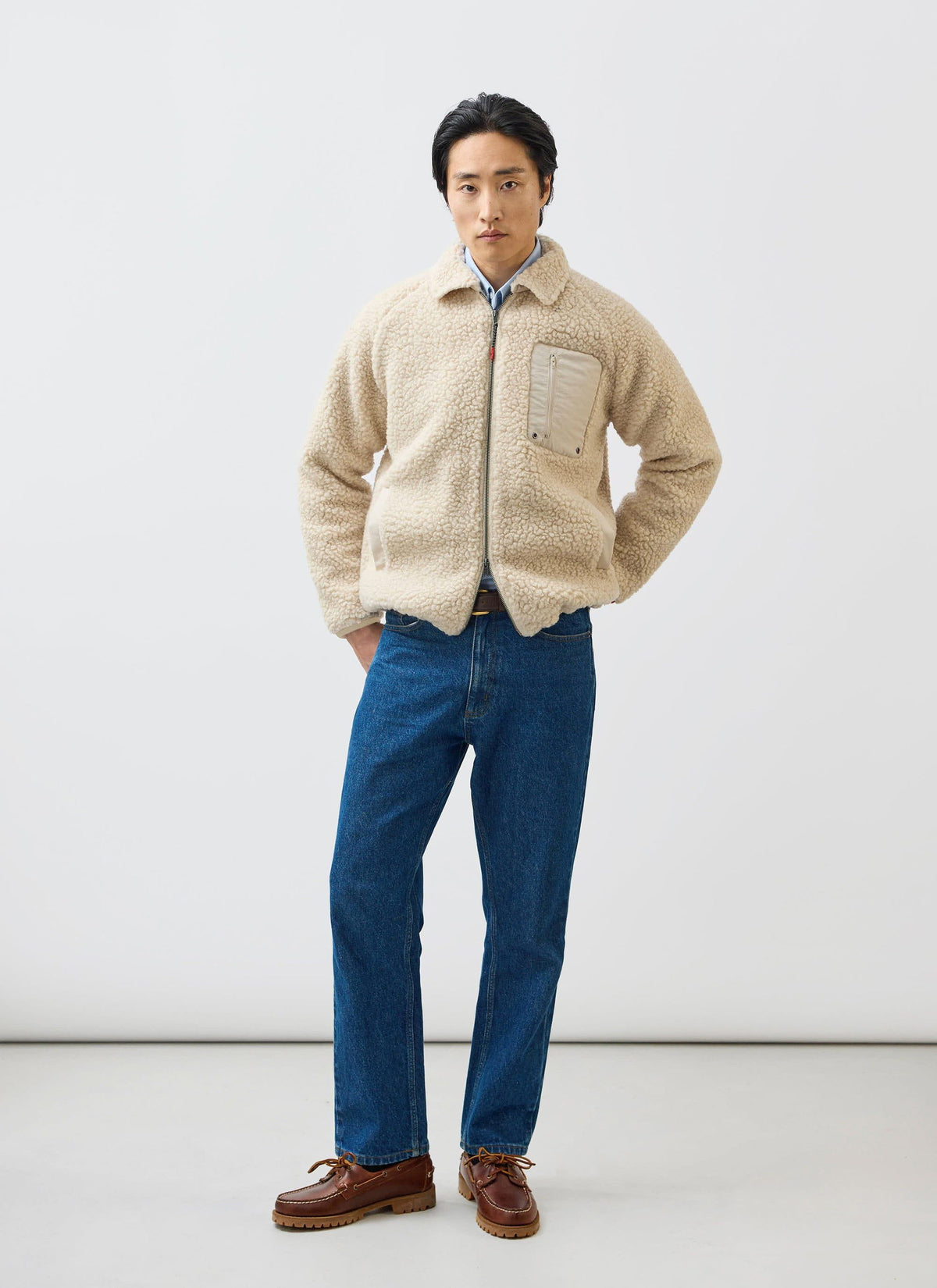 Men’s Full Zip Fleece Jacket - Wool - Ecru Cream