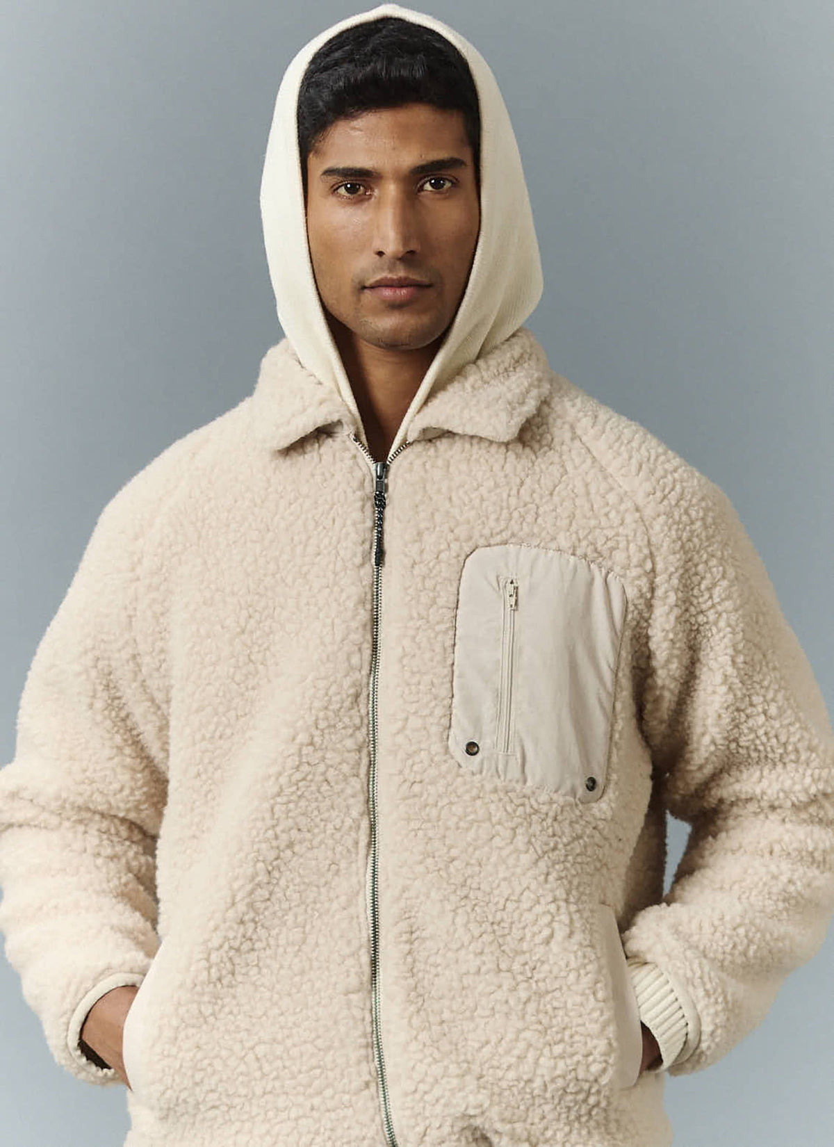 Men’s Full Zip Fleece Jacket - Wool - Ecru Cream