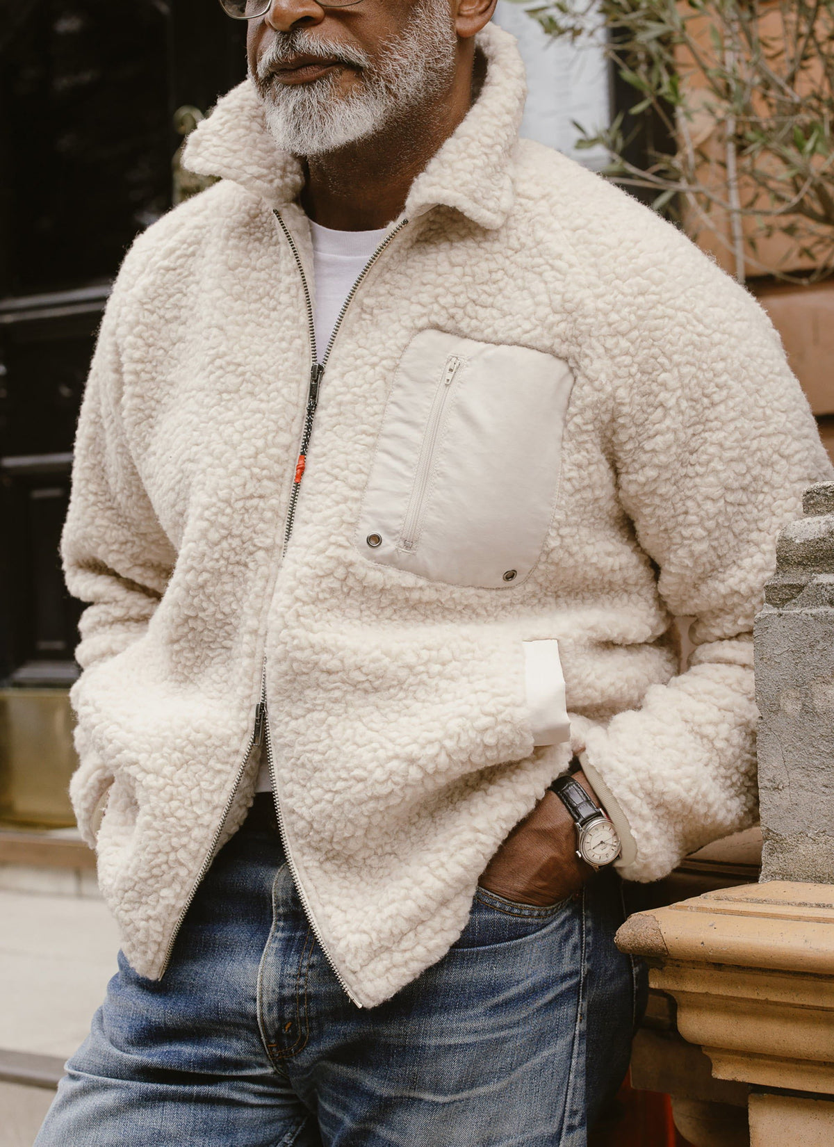 Men’s Full Zip Fleece Jacket - Wool - Ecru Cream