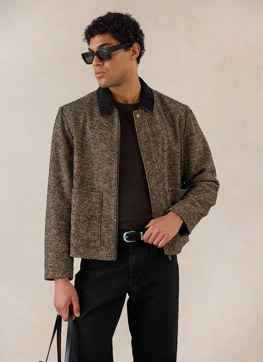 Men's Cropped Jacket - Herringbone Wool - Brown - Percival