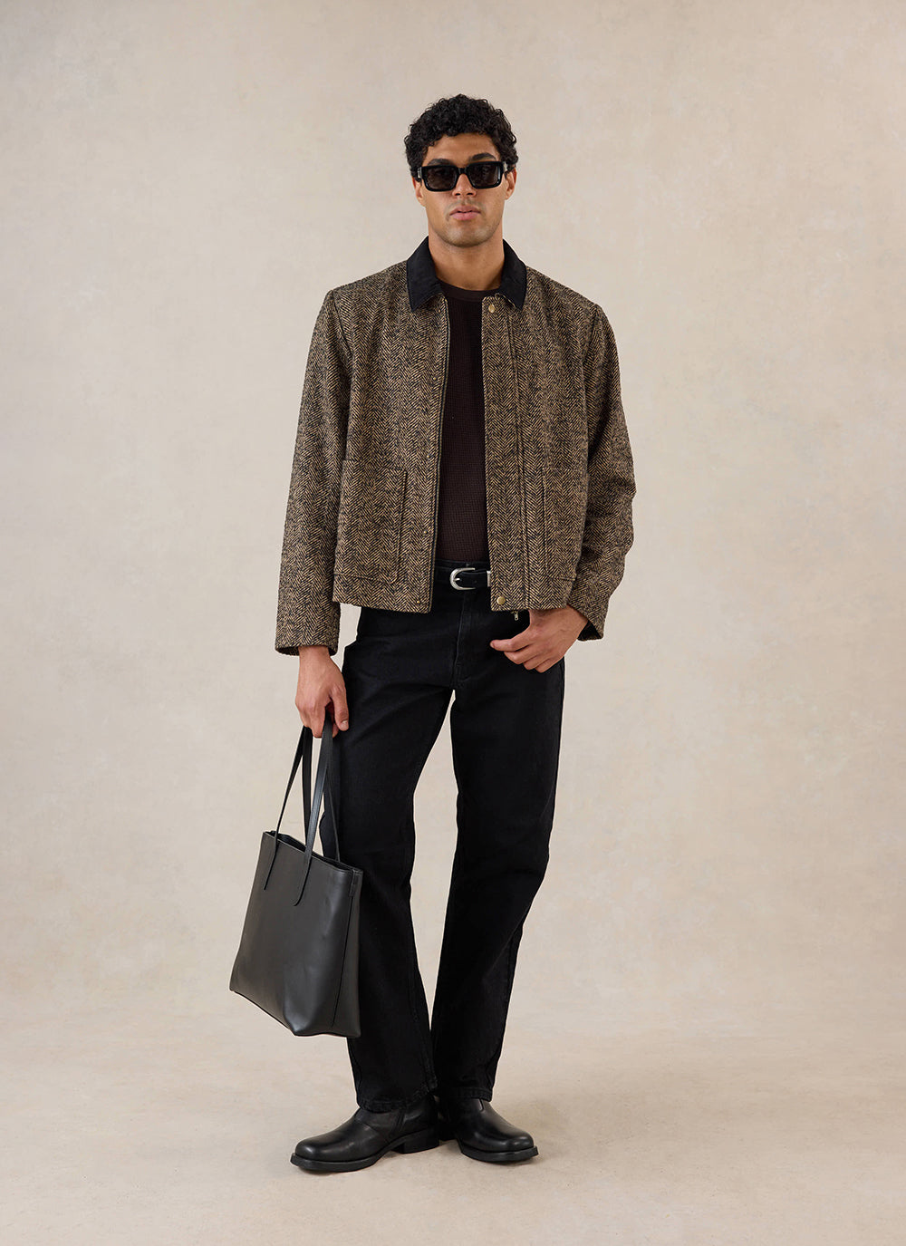 Men's Cropped Jacket - Herringbone Wool - Brown - Percival