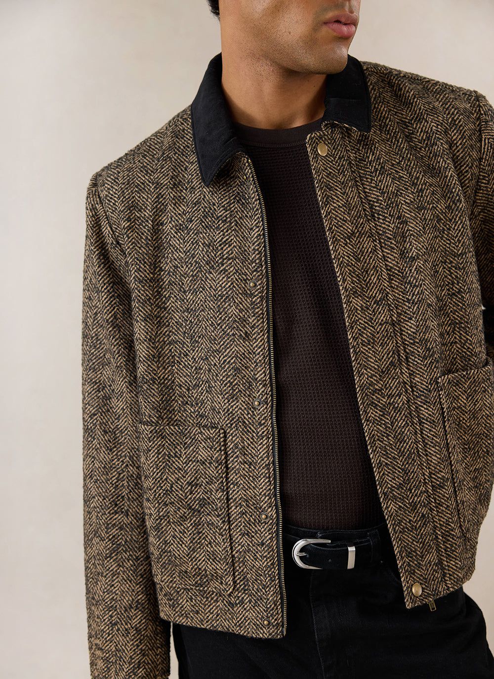 Men's Cropped Jacket - Herringbone Wool - Brown - Percival