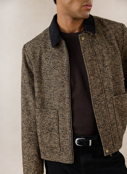 Men's Cropped Jacket - Herringbone Wool - Brown - Percival