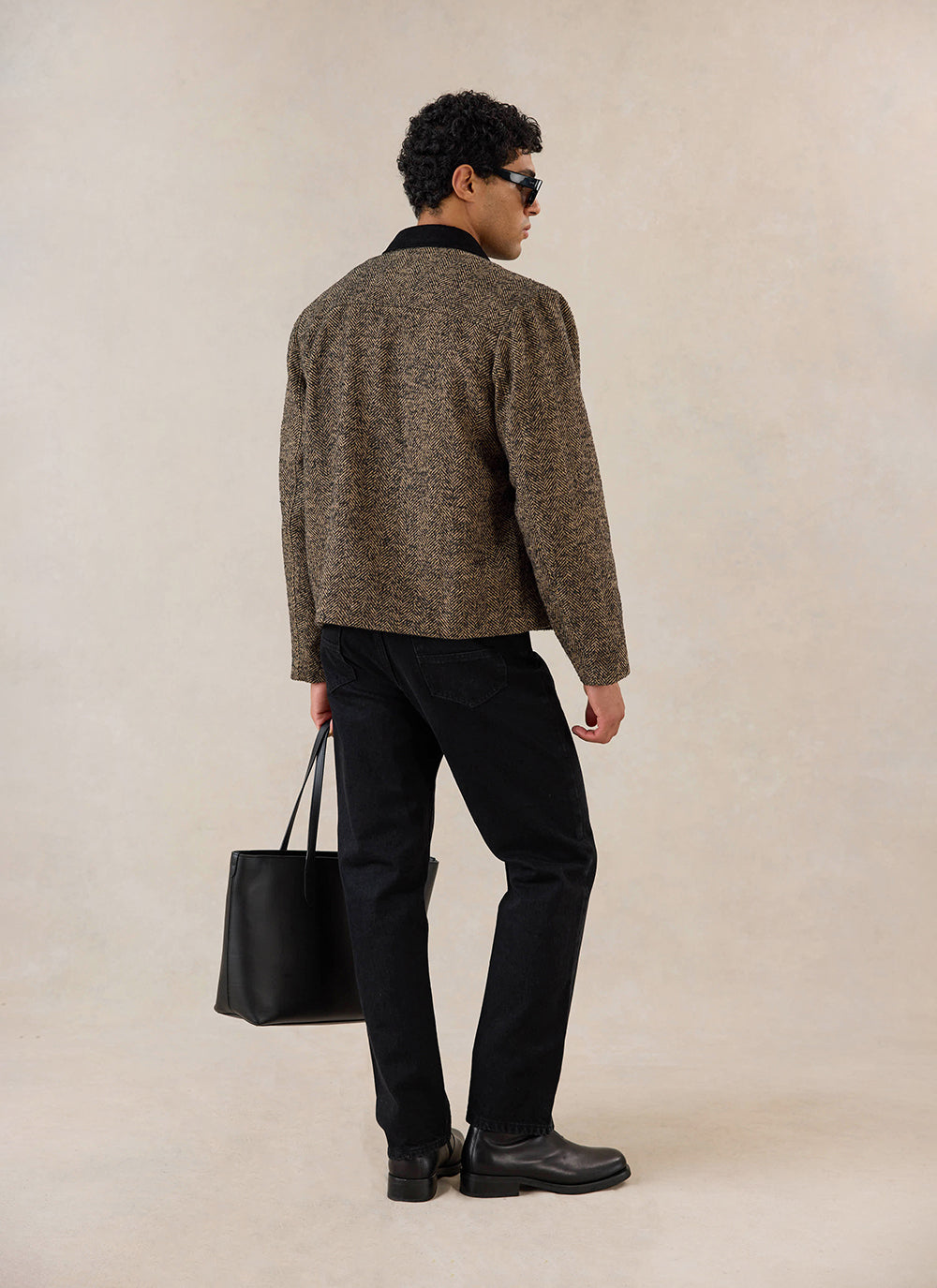 Men's Cropped Jacket - Herringbone Wool - Brown - Percival