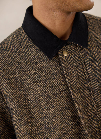 Men's Cropped Jacket - Herringbone Wool - Brown - Percival
