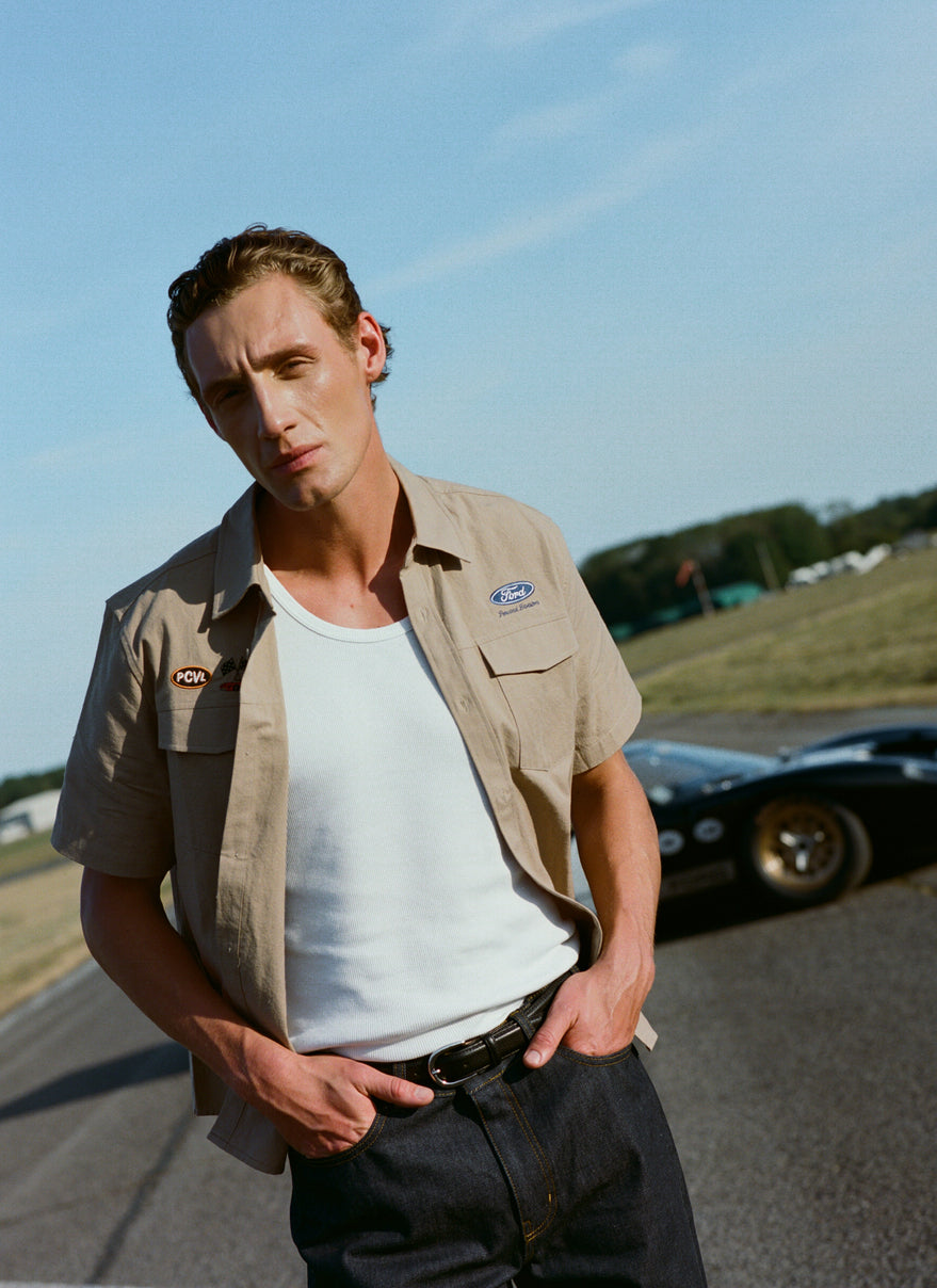 Men's Embroidered Mechanic Shirt - Cotton - Beige - Ford x Percival