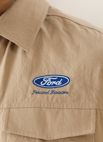 Men's Embroidered Mechanic Shirt - Cotton - Beige - Ford x Percival