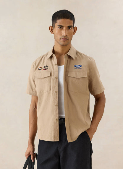 Men's Embroidered Mechanic Shirt - Cotton - Beige - Ford x Percival