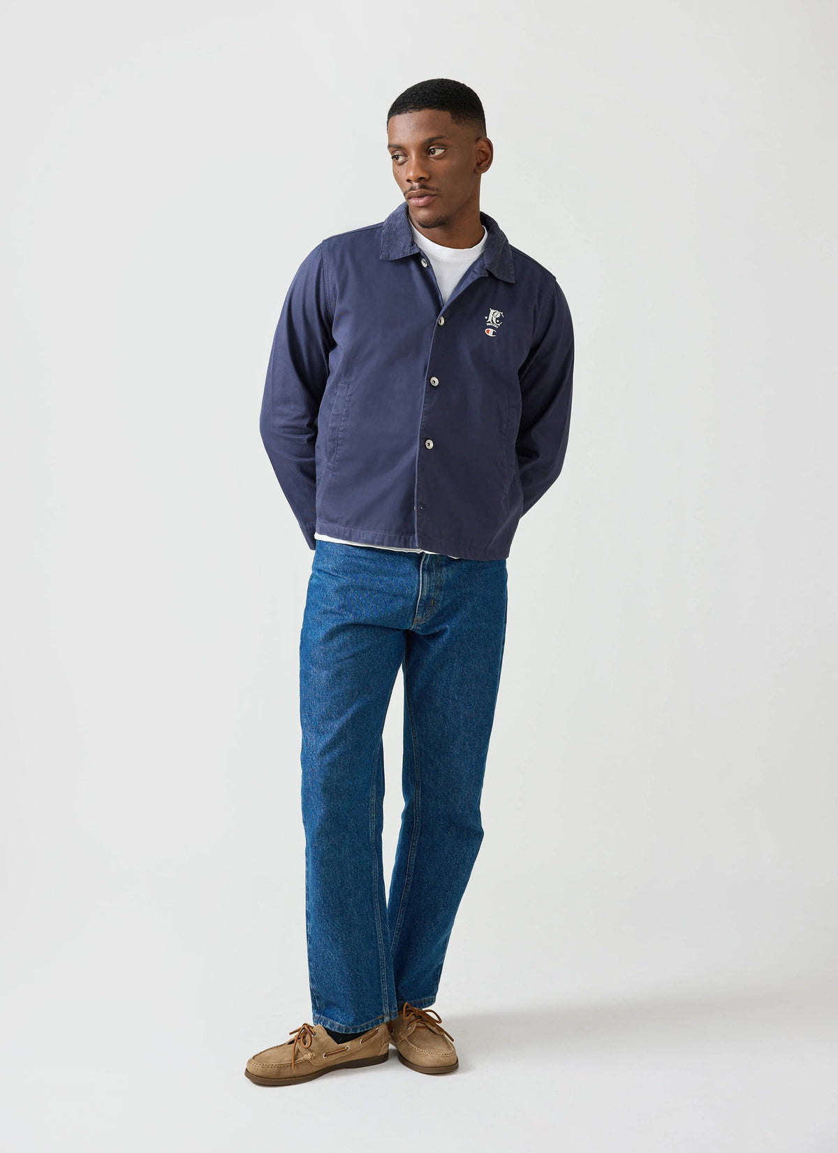 Men's Overshirt Jacket: Cord Collar - Cotton - Navy Blue - Champion x Percival