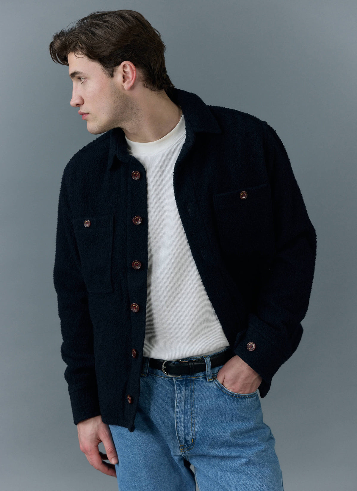 Men's Blanket Overshirt - Casentino Wool - Navy Blue