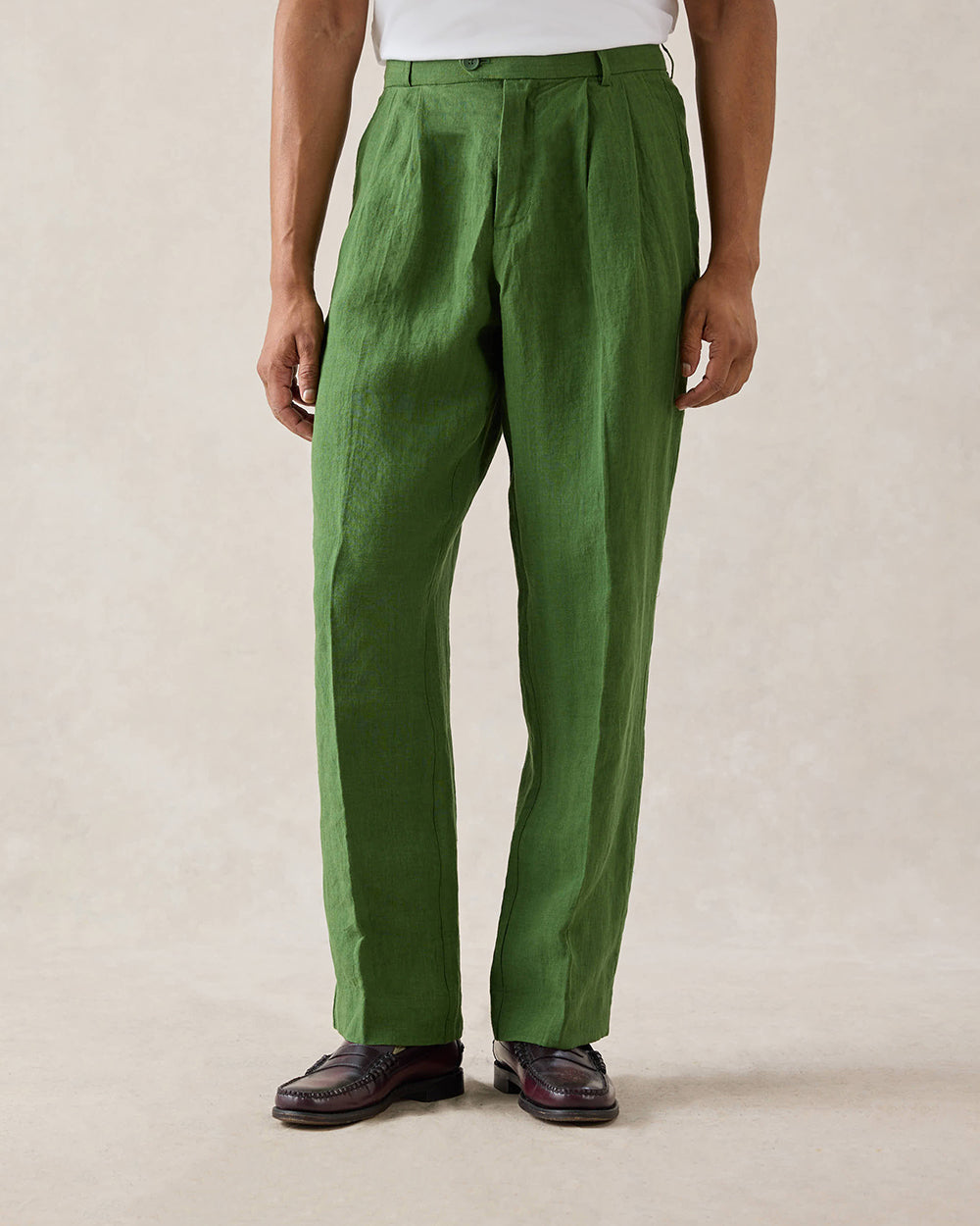 Men's Pleated Suit Trousers - Linen - Forest Green