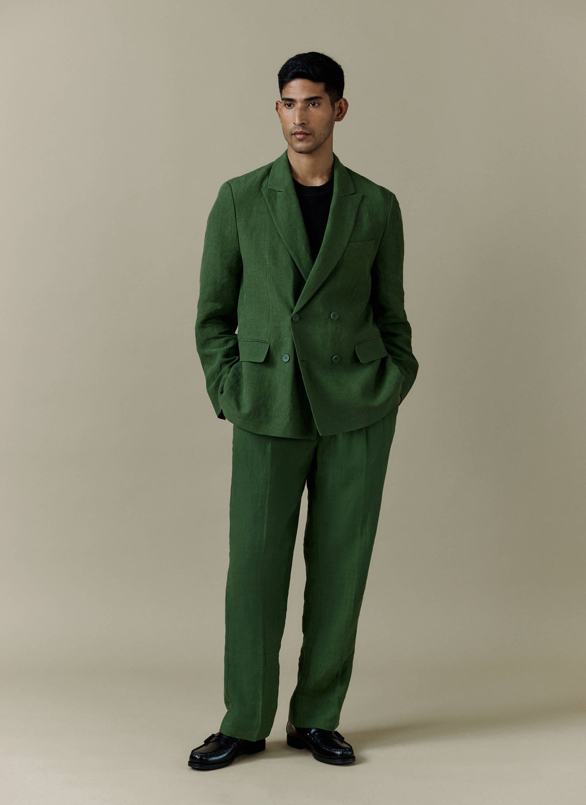 Men's Pleated Suit Trousers - Linen - Forest Green