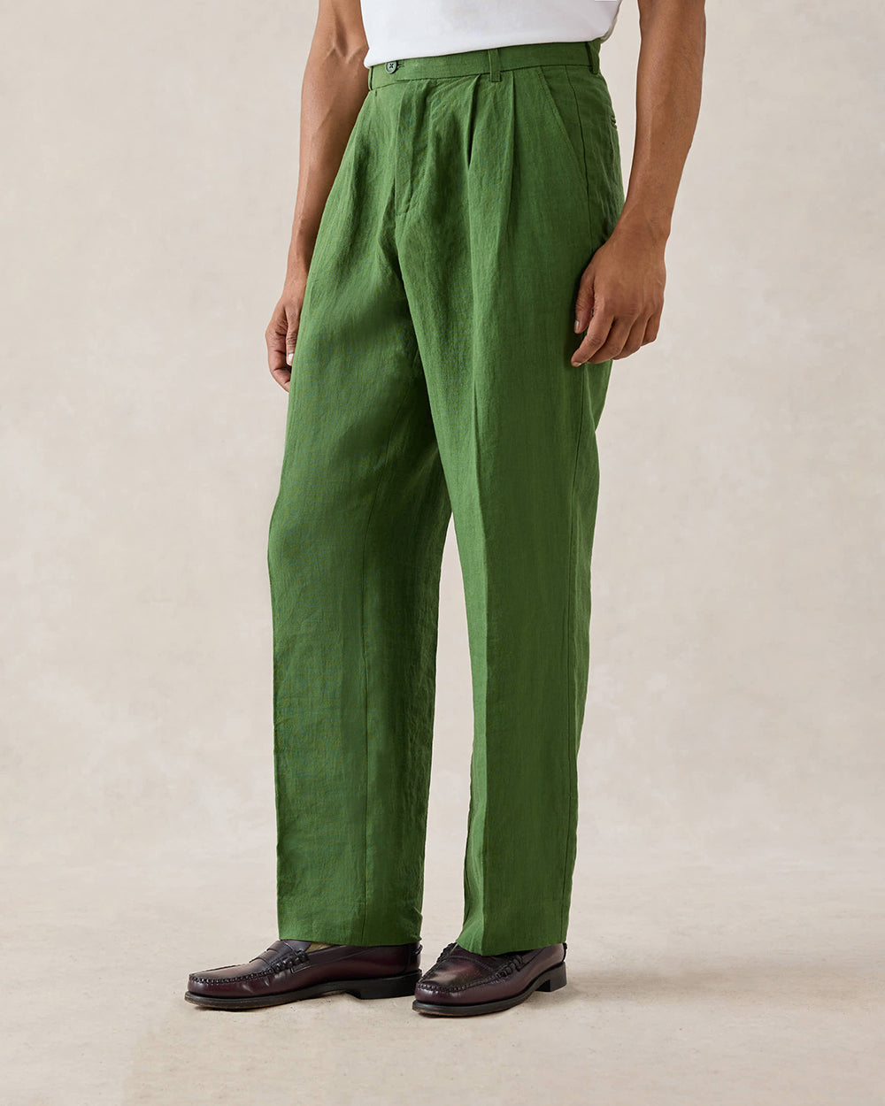 Men's Pleated Suit Trousers - Linen - Forest Green