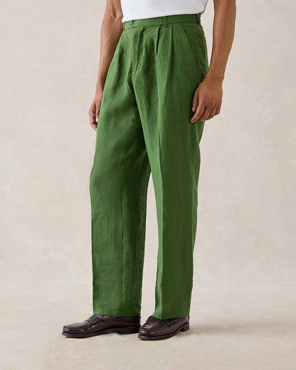 Men's Pleated Suit Trousers - Linen - Forest Green