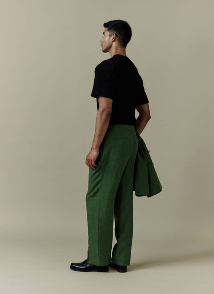 Men's Pleated Suit Trousers - Linen - Forest Green