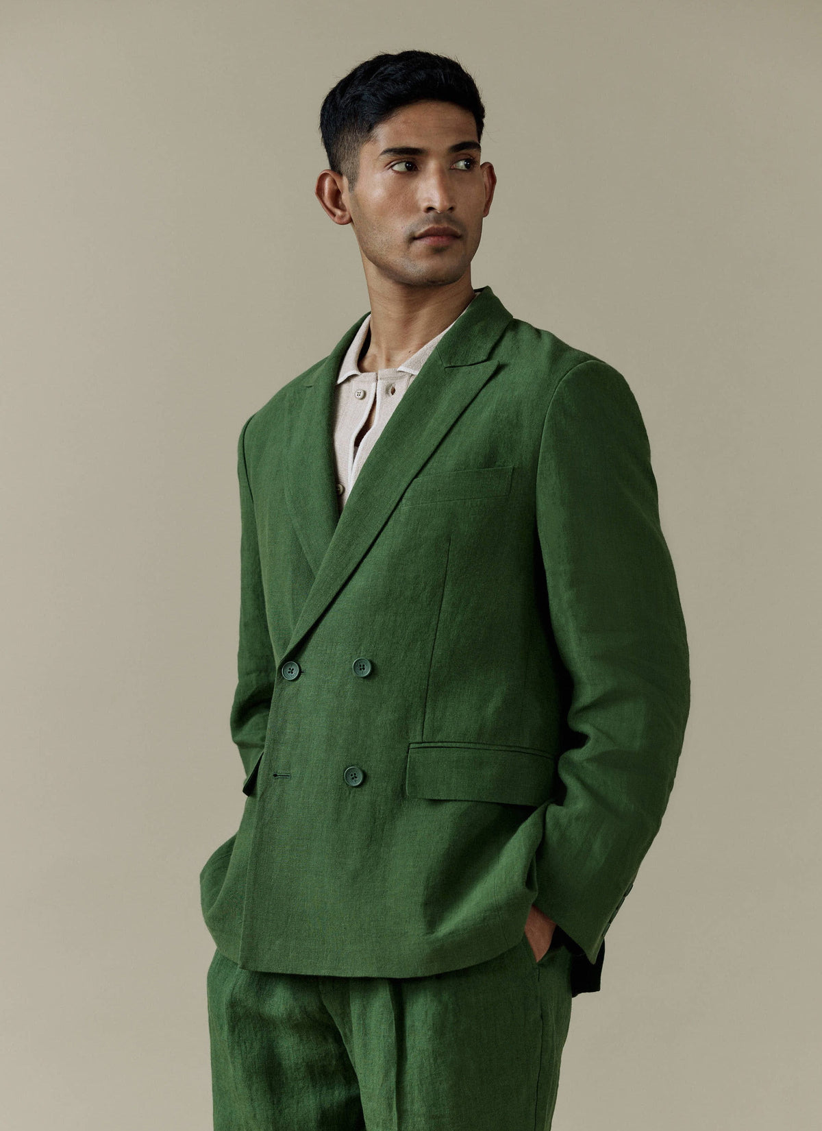 Men's Clifton Linen Double-Breasted Blazer - Forest Green