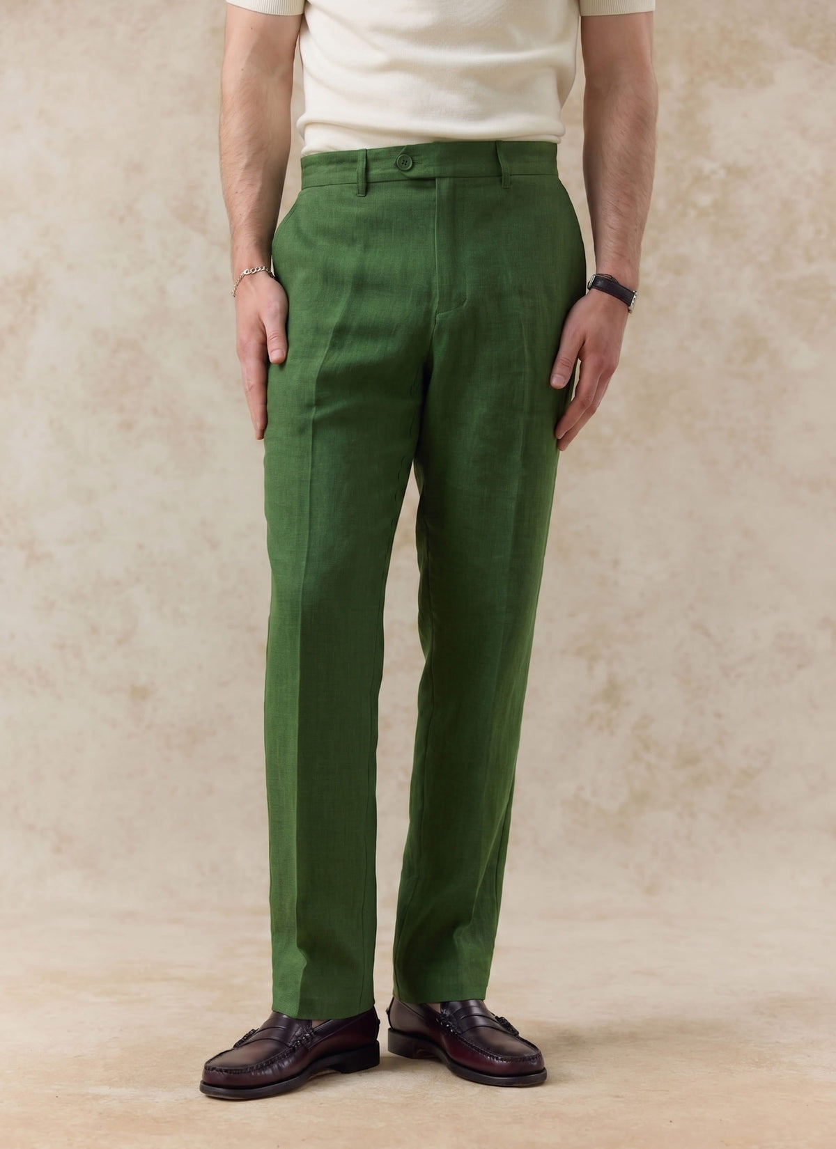 Men's Tailored Linen Trousers - Straight Leg - Forest Green